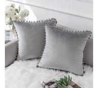 Housses de coussin Ashler HOME DECO avec pompons, en velours doux et uni, 45 x 45 cm, pour canap , chambre coucher, voiture, lot de 2, gris