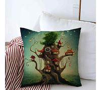 Housses de Coussin décoratifs Case Magic Wonderland Tree House Fairytale Fairy in Owl Door Grass Meadow Tale Nature Bois Doux Jardin Carré Coussin Oreillers Housses Canapé Banc Canapé 18x18 Pouces