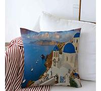 Housses de Coussin décoratives Case Fira Town Lovers on Santorini Idyllic Europe Island Greece Landmarks Sky Houses with Parks Outdoor Square Cushion Pillows Covers Sofa Bench Couch 18x18 inch