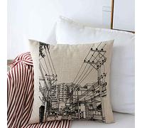 Housses de Coussin décoratives Coque Contour Personnes Graphique Ville Vue sur la Rue Croquis carnet de Croquis Style Crayon isolé Encre repères Dessiner carré Coussin oreillers Housses canapé Banc