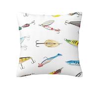 Housses de coussin décoratives de pêche, hameçon et filet de pêche à la traîne, housses de coussin double face en peluche douce pour coussins de canapé, salon, décoration d'intérieur, blanc et gris, 6