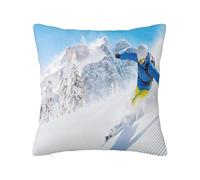 Housses de coussin décoratives d'hiver, skieur en descente, sports de haute montagne, housses de coussin double face en peluche douce pour coussins de canapé, salon, décoration d'intérieur, bleu, blan