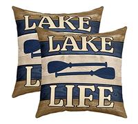 Housses De Coussin Décoratives Maison De Campagne Rustique Au Bord du Lac, Cabane À Pagaies Au Bord du Lac, Grain De Bois Rétro Bleu Et Marron Lot De 2 Respirant Canapé Taie d'oreiller pour Chais