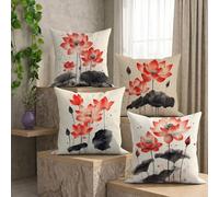 Housses de Coussin Extérieur Imperméable 30x30 cm Lot de 4 Lotus Imprimées en Lin Carré Taie d'oreiller Décorative pour Canapé Salon Jardin Terrasse Chaise Banc Maison Décoration (Fleur) L-O355