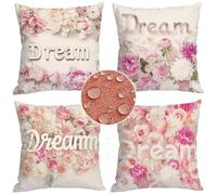 Housses de Coussin Exterieur Impermeable Lot de 4 Housse Coussin Exterieur 65x65 Housses de Coussin Rose Cadeau Femme Rêve Motif Lin Housse Coussin Décoratif pour Lit Extérieur Taies d'oreiller E-9