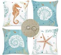 Housses De Coussin Extérieur Imperméables Ensemble De 4 45x45cm Lin Housses De Coussin Carrées Double Face Marine Life Coussins Extérieurs Housses Pou, WF-Linen, 35 x 35 cm (Pack of 4)