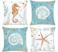 Housses De Coussin Extérieur Imperméables Ensemble De 4 45x45cm Lin Housses De Coussin Carrées Double Face Marine Life Coussins Extérieurs Housses Pou, Linen, 35 x 35 cm (Pack of 4)