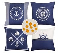 Housses de Coussin Imperméables 40 x 40 cm Bleu Marine Ancre Voilier Boussole Gouvernail Taie d'oreiller en Coton et Lin Décoratives Lot de 4 pour Terrasse Intérieure Extérieur Jardin Voiture