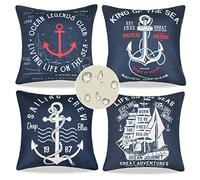 Housses de Coussin Mperméable Bleu Marine 45x45 Housse de Coussin Style Marin Taie D'Oreiller Lot de 4 Ancre Voilier Motif Housse de Coussin en Lin Convient Pour Salon Sofa Coussin Décor