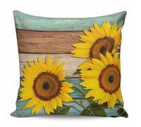 Housses De Coussin Tournesols Campagne Fleur Jaune Sarcelle Brun Grain De Bois 45X45Cm Housses Coussin Doux Imprimé Taie d'oreiller pour Jardin Été Maison