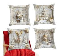 Housses De Coussins De Noël Blanches | 4 Pièces Décorations Flocons De Neige Et Cerfs - Housses de Coussins pour Canapé de Noël - Pour Lecture Massage Jeu Canapé TV Chaise Divan Sol Bureau Salon