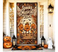 Housses de porte avec citation d'Halloween musicale Jack-o'-Lantern 91,4 x | Thème instrument de musique, panneau de porte d'entrée, feuilles d'automne, scène de spectacle, tons orange vif
