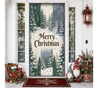 Housses de porte avec citation Merry Christmas Winter Forest - 91,4 x 182,9 | Paysage de forêt d'hiver, bannière de porte d'entrée, paysage enneigé, lettrage classique des vacances