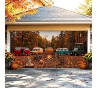 Housses de porte de garage 398,8 x 180,3 cm thème automne camping van | Paysage de forêt d'automne, toile de fond de porte de garage, camping-car vintage, motif feu de camp