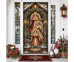 Housses de porte de Noël avec citation religieuse des anges chantant 91,4 x | Anges chantants, bannière de porche, arche en bois rustique, livres d'hymnes traditionnels, guirlande de pin, accents dorés