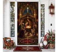 Housses de porte de Noël avec scène religieuse Joy To The World, 91,4 x | Œuvre d'art religieuse traditionnelle, toile de fond pour porte d'entrée, citation Joy To The World, architecture stable