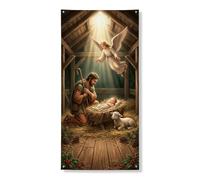 Housses de porte de Noël avec scène religieuse traditionnelle, 91,4 x 182,9 | Œuvre d'art religieuse traditionnelle, bannière de porte d'entrée, présence angélique sereine, cadre rustique stable