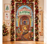 Housses de porte de Noël Père Noël, atelier, train, 91,4 x 182,9 cm | Thème d'atelier du pôle Nord, bannière de porche, blocs de jouets colorés, piste de train festive, atmosphère de vacances