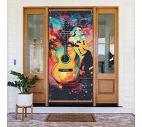 Housses de porte de Noël pour porte d'entrée - Illustration de carte du monde amusante de guitare d'automne et d'hiver - Toile de fond à suspendre pour extérieur et intérieur - Décorations murales de