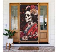 Housses de porte de Noël pour porte d'entrée - Squelette de geisha amusant avec fleurs d'automne et d'hiver - Toile de fond à suspendre pour extérieur et intérieur - Décorations murales de réveillon