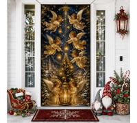 Housses de porte de Noël sur le thème des anges célestes 91,4 x 182,9 cm | Thème céleste, bannière de porche, motif pin, scène d'hiver élégante, œillets de suspension durables