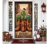 Housses de porte de Noël Western Cowboy Boot Cactus Holiday Citation 91,4 x | Thème occidental, panneau de porte d'entrée, motif bottes de cowboy, fond de paysage désert, style rustique
