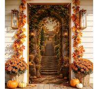 Housses de porte de paysage d'arche en pierre d'automne 91,4 x 182,9 cm | Escalier en pierre, bannière de porche, feuilles d'érable, paysage de villa, thème récolte d'automne