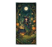 Housses de porte de sorcière décoratives, citrouilles fantaisie, chaudron d'Halloween vert avec corde, bannière de porte d'entrée, décoration d'intérieur pour porche, mur, intérieur et extérieur, 91,4