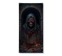 Housses de porte décoratives avec tête de mort - Figurine gothique sombre à capuche - Sang d'Halloween noir avec corde - Décoration d'intérieur et d'extérieur - 91,4 x 183 cm