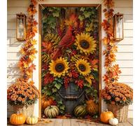 Housses de porte décoratives de tournesol d'automne Cardinal Harvest 91,4 x | Oiseau cardinal, toile de fond de porte d'entrée, tournesols, feuillage de récolte, seau rustique, couverture de porte
