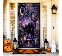 Housses de porte décoratives en forme de chat - Gothique - Lune mystique - Étoiles d'Halloween - Noir - Avec corde à suspendre - Bannière de porte - Décoration d'intérieur et d'extérieur - 91,4 x 183