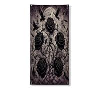Housses de porte décoratives en forme de rose - Style gothique - Corbeau foncé - Lune d'Halloween - Noir - Avec corde - Bannière de porte d'entrée - Décoration d'intérieur pour porche, terrasse, porte