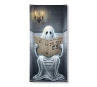 Housses de porte décoratives fantômes effrayantes pour toilettes, journal d'Halloween gris avec corde à suspendre, bannière de porte, décoration d'intérieur pour porche, mur, intérieur et extérieur