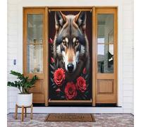 Housses de porte décoratives - Impression loup rose rouge n° 606 Bannières de porte pour avant, automne et hiver - Toile de fond à suspendre pour extérieur et intérieur - Fournitures de décoration