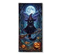 Housses de porte décoratives pour porte de chat - Chapeau de sorcière effrayant - Bâton à balai d'Halloween - Bleu foncé - Avec corde à suspendre - Décoration d'intérieur pour porte, entrée, porche