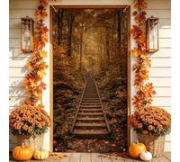 Housses de porte d'escalier de forêt d'automne 91,4 x 182,9 cm | Chemin en bois sinueux, panneau de porte d'entrée, feuillage d'automne doré, paysage boisé serein, métamorphose saisonnière