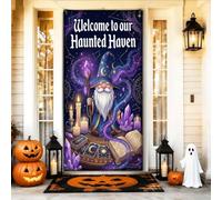Housses de porte d'Halloween avec citation du paradis hanté du sorcier nain