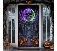 Housses de porte d'Halloween avec tête de mort hantée et lune - 91,4 x | Scène de village hanté, toile de fond de porte d'entrée, chemin pavé, toile de fond de lune étrange, atmosphère effrayante