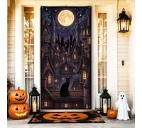 Housses de porte d'Halloween motif chat gothique et paysage lunaire, 91,4 x | Illustration de paysage urbain gothique, toile de fond de porte d'entrée, paysage de pleine lune, silhouette de toit