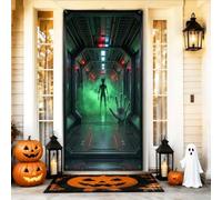 Housses de porte d'Halloween Sci-Fi Alien Vaisseau spatial Couloir 91,4 x | Panneau de porte d'entrée de vaisseau spatial science-fiction, silhouette mystérieuse, effet profondeur immersive
