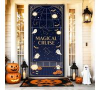 Housses de porte d'Halloween sur le thème de la croisière fantôme magique | Constellations d'horizon étoilé, toile de fond de porte d'entrée, chauves-souris ludiques, art graphique fantaisie