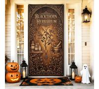 Housses de porte d'Halloween sur le thème de l'herbier mystique apothicaire | Texture bois vintage, bannière de porte d'entrée, illustrations botaniques, atmosphère mystique, accents gothiques de la