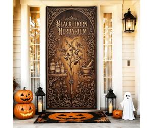 Housses de porte d'Halloween sur le thème de l'herbier mystique apothicaire | Texture bois vintage, bannière de porte d'entrée, illustrations botaniques, atmosphère mystique, accents gothiques de la