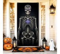Housses de porte d'Halloween sur le thème de science-fiction squelette | Motif squelette cybernétique, bannière de porte d'entrée, détails futuristes du circuit imprimé, tons monochromes à contraste