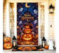 Housses de porte Halloween citrouilles chatons sorcières Jack-o'-lanterns | Chatons mignons, toile de fond de porte d'entrée, chapeau de sorcière, château effrayant, croissant de lune