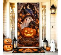 Housses de porte Halloween fantôme et chat avec citation de bienvenue 91,4 | Décorations effrayantes de citrouilles, bannière de porche, compagnon de chat, feuillage d'automne festif