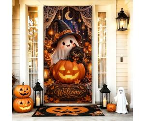Housses de porte Halloween fantôme et chat avec citation de bienvenue 91,4 | Décorations effrayantes de citrouilles, bannière de porche, compagnon de chat, feuillage d'automne festif