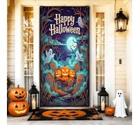 Housses de porte Halloween sur le thème des fantômes de cimetière Jack-o | Fantômes flottants, panneau de porte d'entrée, paysage de cimetière, citrouilles lumineuses, clair de lune étrange