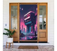 Housses de porte - Impression de paysage urbain Cyberpunk n°32 Bannières de porte pour avant, automne et hiver - Toile de fond à suspendre pour extérieur et intérieur - Fournitures de décoration