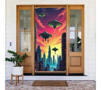 Housses de porte - Impression de paysage urbain OVNI dessin animé n° 40 bannières de porte pour avant, automne et hiver - Toile de fond à suspendre pour extérieur et intérieur - Fournitures de